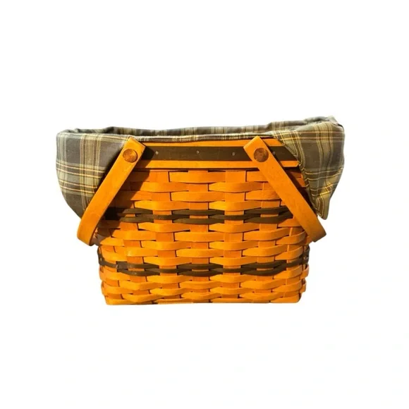 Longaberger Green, Yellow and Brown Woven Tote with Plaid Liner - Picture 5 of 7